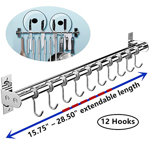 EINFAGOOD Kitchen Hooks Rack Wall Mount with Double Pole Shelf, Cute Kitchen Utensils Organizer as Knife Block or Holder, Polished Stainless Steel (15' - 28.50' with 12 Hooks)