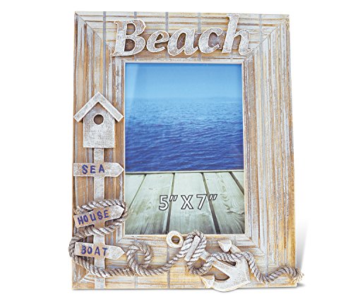 Puzzled Wooden “Baja Beach” Picture Frame, 5 x 7 Inch Sculptural Wood Photo Holder Intricate & Meticulous Detailing Art Handcrafted Tabletop Accent Accessory Coastal Nautical Themed Home Décor