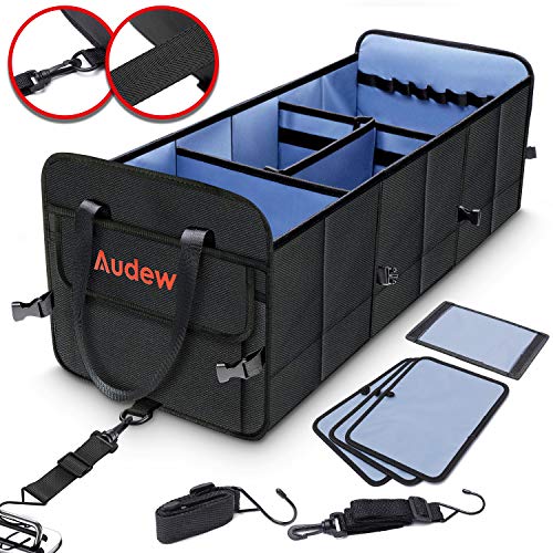 Audew Trunk Organizer, 3 Large Compartments Collapsible Car Truck Organizers with Tie Down Straps, 1680D Oxford Waterproof Non-Slip Bottom Storage Box for Car, Truck, SUV