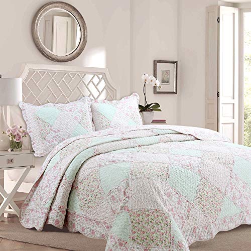 Cozy Line Home Fashions La Rosa Rêve Quilt Bedding Set, Floral Pink Green Rose Flower 3D Real Patchwork,100% Cotton Reversible Coverlet Bedspread Set(Pink Roses, Twin - 2 Piece)