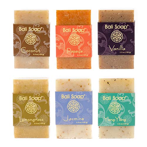 Bali Soap - Natural Soap Bar Gift Set, 6 pc Variety Pack, for Men & Women, Face and Body (Coconut, Papaya, Vanilla, Lemongrass, Jasmine, Ylang-Ylang) 3.5 Oz each