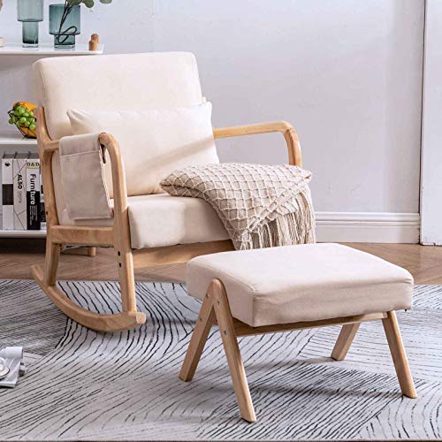 Paddie Rocking Chair with Ottoman, Mid Century High Back Armchair Modern Glider Rocker Upholstered Fabric Padded Seat Side Pocket Pillow for Nursery (Beige)