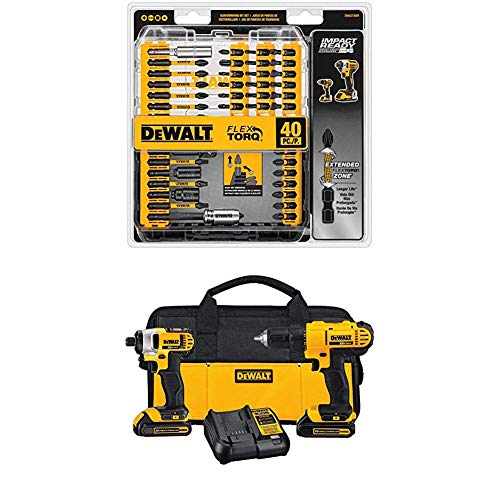 DEWALT DCK240C2 20v Lithium Drill Driver/Impact Combo Kit (1.3Ah) with FlexTorq Screw Driving Set, 40-Piece