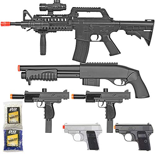 BBTac Airsoft Gun Package - Black Ops - Collection of Airsoft Guns - Powerful Spring Rifle, Shotgun, Two SMG, Mini Pistols and BB Pellets, Great for Starter Pack Game Play