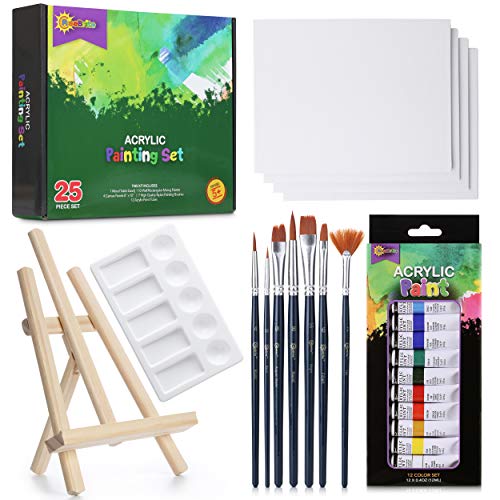 RISEBRITE Acrylic Paint Set with Canvas – 25Pcs Painting Kit Includes Mini Easel, Premium Painting Supplies, Brushes, Art Canvases and More | Painting Set for Kids, Beginners, or Budding Artists