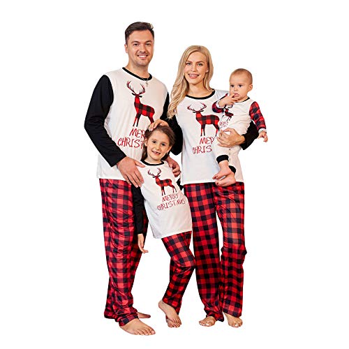 PopReal Family Pajamas Matching Sets Matching Christmas PJs with Deer Printed Plaid Pants Sleepwear Red