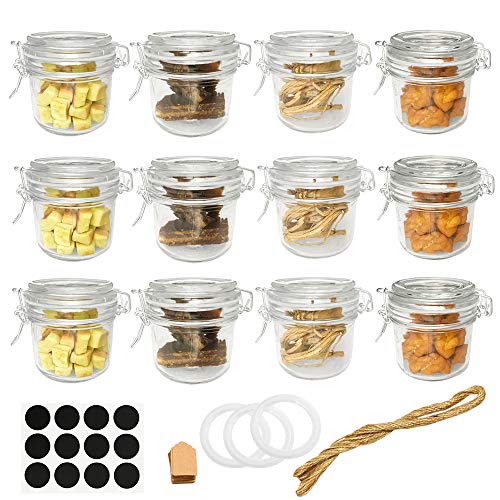 Folinstall 12 Pcs 8 oz (250ml) Glass Jars with Airtight Lids, Small Mason Jars With Hinged Lids for Herbs, Spices, Art. Extra 3 Replacement Silicone Gaskets, Chalkboard Labels and Tag Strings Included