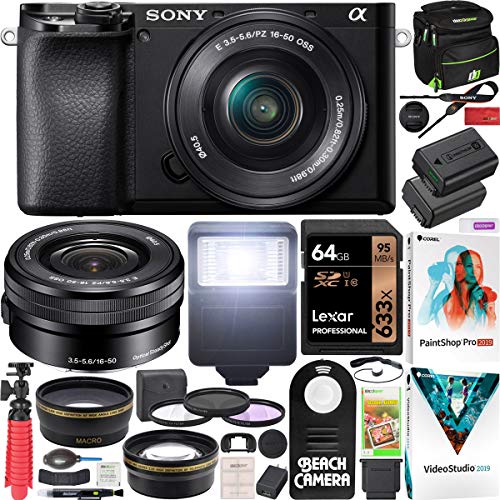 Sony a6100 Mirrorless Camera 4K APS-C ILCE-6100LB with 16-50mm F3.5-5.6 OSS Lens Kit and Deco Gear Case + Extra Battery + Flash + Wide Angle & Telephoto Lens + Filter Kit + 64GB Accessories Bundle