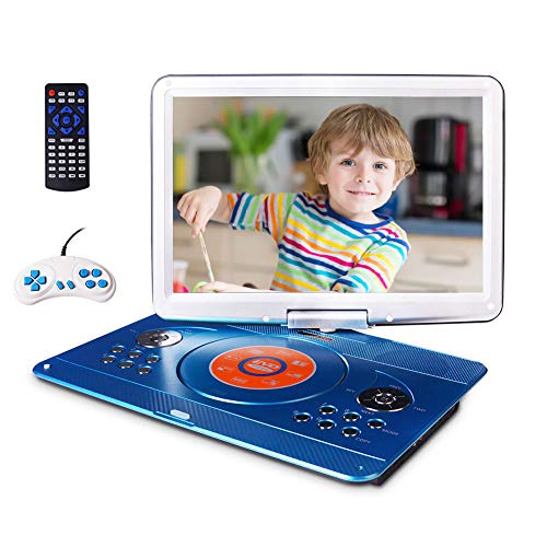 16.9' Portable DVD Player with 14.1' Large Swivel Screen, Car DVD Player Portable with 5 Hrs Rechargeable Battery, Mobile DVD Player for Kids, Sync TV, Support USB SD Card with Car Charger (Blue)