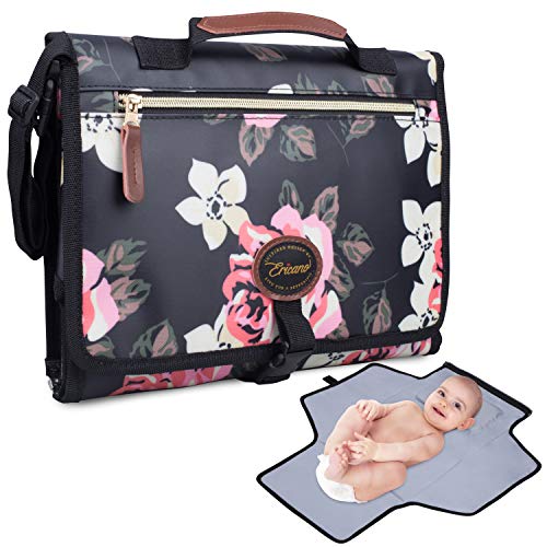 Portable Diaper Changing Pad Built-In Cushion Pillow - Foldable Diaper Clutch Bag Baby Travel Changing Mat with Removable Pockets - Black Pink Floral