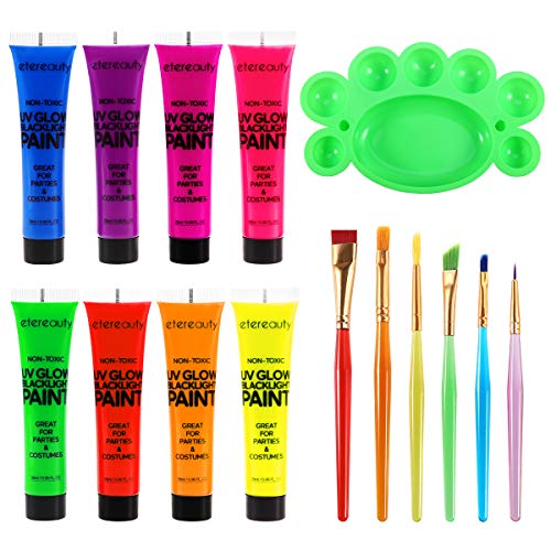 Body Paint - Set of 8 Tubes - Neon Fluorescent 8.0 oz, ETEREAUTY Glow Blacklight Face and Body Paint with 6 Brushes and a Mixing Palette