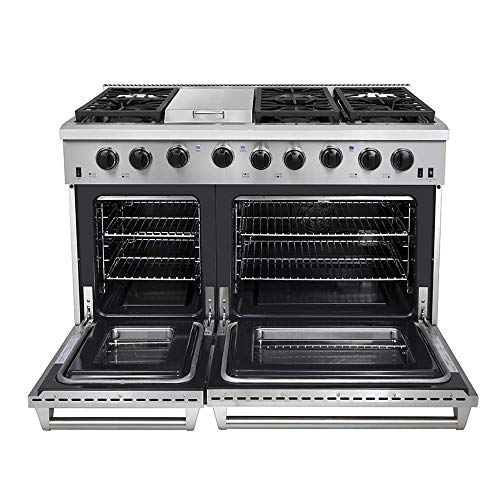 Thor Kitchen 48' Stainless Steel Gas Range Black Porcelain Drip Pan with Double Oven Automatic Re-ignition Safety LRG4801U