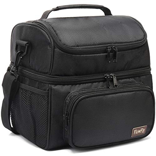 FlowFly Adult Lunch Bag Insulated 2 Roomy Compartment Thermal Lunch Box Large Reusable Double Decker Tote Cooler Bag with Detachable Shoulder Strap for Men Women kids,Black