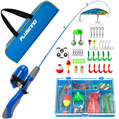 PLUSINNO Kids Fishing Pole,Portable Telescopic Fishing Rod and Reel Full Kits, Spincast Fishing Pole for Kids, Boy, Youth (Blue Handle with Bag, 120CM 47.24IN)