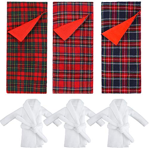3 Pieces Christmas Sleeping Bags Accessory Elf Doll Sleeping Bag and 3 Pieces White Bathrobes for Elf Doll Red Green Plaid Sleeping Bag for Elf Doll Decorations, 3 Styles (Doll is not Included)