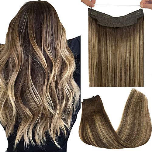 GOO GOO Hair Extensions 16 Inch Halo Hair Extensions Chocolate Brown to Honey Blonde 80g Hairpiece Ombre Flip Hair Extensions Invisible Hidden Crown Wire Hair Extensions with Transparent Fish Line