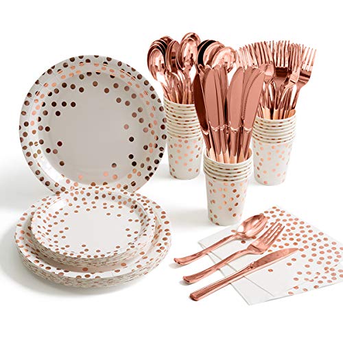 175 Pieces Rose Gold Party Supplies - Rose Gold Dot on White Paper Plates and Napkins Cups Silverware Serves 25 Sets for Wedding Bridal Shower Engagement Birthday Parties