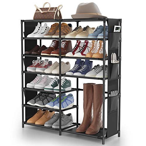 7-Tier Shoe Rack Shoe Shelf Organizer, JOMARTO 24-30 Pairs Shoes and Boots Storage Organizer Metal Shoe Tower with Side Hanging Shoe Pockets for Entryway,Closet and Bedroom