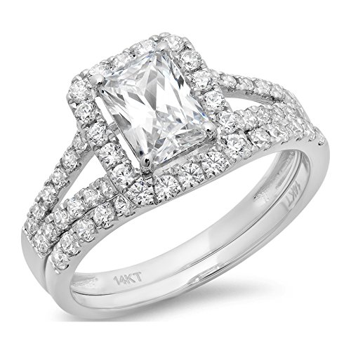 1.60ct Emerald Cut Pave Halo Bridal Engagement Wedding Ring band set 14k White Gold, 10