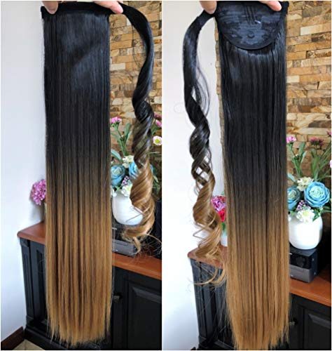 22' Long Straight Ombre Dip Dyed Clip in Wrap around Ponytail Hair Extensions Hairpieces(22' Straight- Natural black to honey blonde)
