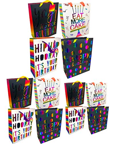 ALEF Set of 12 Birthday Gift Bags with Handle and Gift Tag, Comes with Medium, Large, Jumbo Size Bags (12, Holographic)