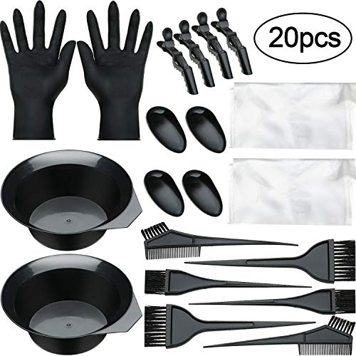 20 Pieces Hair Dye Coloring Kit, Hair Tinting Bowl, Dye Brush, Ear Cover, Gloves for DIY Salon Hair Coloring Bleaching Hair Dryers Hair Dye Tools (14.8 x 4.8 cm, Small Black Bowl Style)