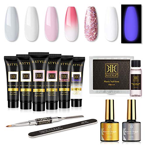 RSTYLE Poly Nail Gel Kit, Nail Extension Builder Gel Kit 6 Colors Poly Nail Gel Kit with Slip Solution Top and Base Coat French Manicure Kit for Beginner DIY at Home in Gift Box