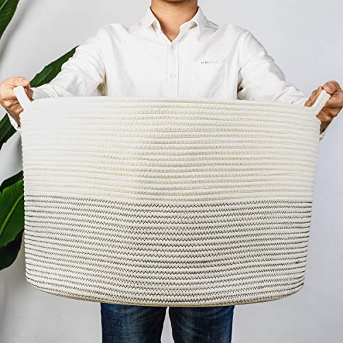 INDRESSME XXXLarge Cotton Rope Basket 21.7' x 21.7' x 13.8' Woven Baby Laundry Basket for Blankets Toys Storage Basket with Handle Comforter Cushions Storage Bins Thread Laundry Hamper-Black Stitch