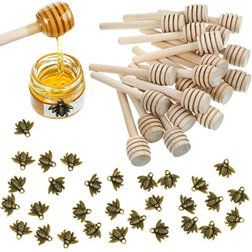 3 Inch Wood Honey Dipper Sticks and Honeybee Charm Pendants Set for Honey Jar Dispense Drizzle Honey DIY Craft Jewelry Making Accessory (74)