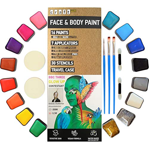 Craft Pro Face Paint - 54 Pieces. Sensitive Skin Approved. Vegan + Cruelty Free. Easy ON Easy Off (Water Based Formula)