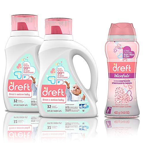 Dreft Stage 2, Active Hypoallergenic Liquid Baby Laundry Detergent for Newborn or Infant, 50 Ounces(32 Loads), 2 Count with In-Wash Scent Booster Beads, 14.8 Ounce