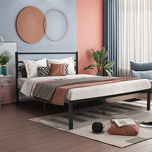JAXSUNNY Black Metal Platform Bed Frame Heavy Duty Strong Steel with Wooden Slats,no Box Spring Needed,Under-Bed Storage Space,Queen Sized