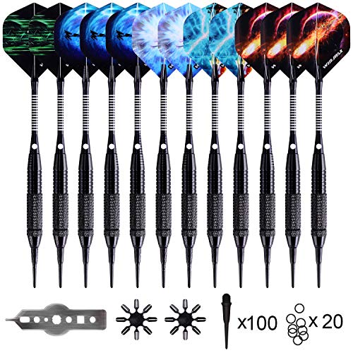 WIN.MAX Darts Plastic Tip,Soft Tip Darts Set,12 Pcs 18 Gram with 100 Extra Dart Tips,12 Flights, Flight Protectors and Tool Kit for Electronic Dart Board