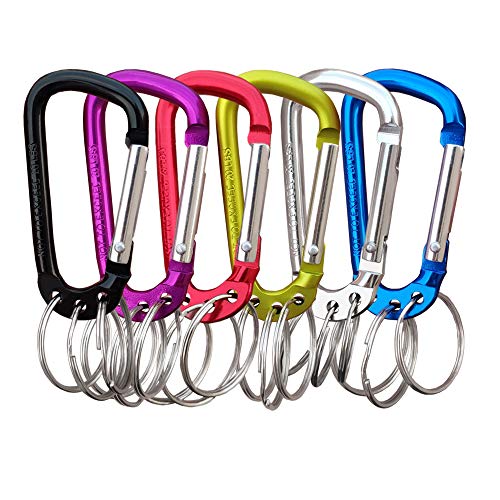 VictorsHome Carabiner Clip Keychain Aluminum Alloy D Shape Multifunction Clip Hook with 3 Key Rings for Outdoor Backpack Multi-Color 6 Pack