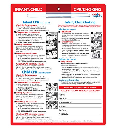 Infant and Child CPR and Choking First Aid Card - Emergency Numbers Refrigerator Magnet - Laminated Card with Magnets - 8.5 inches x 11 inches - Dry-Erase Marker Included (1)