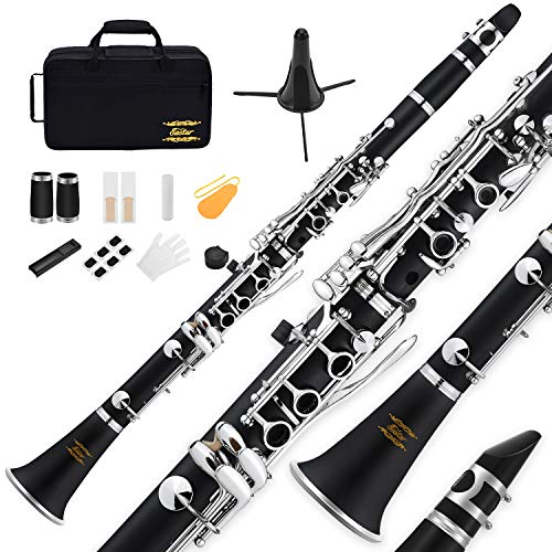 Eastar B Flat Clarinet Black Ebonite Clarinet Student Beginner, Nickel-plated Keys, with Mouthpiece, Protective Cap, 2 Connector, 8 Occlusion Rim, Clarinet Stand, 3 Reeds, Hard Case and More Keys