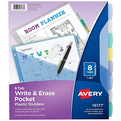 Avery 8-Tab Plastic Binder Dividers with Pockets, Write & Erase Multicolor Big Tabs, 1 Set (16177)