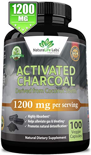Organic Activated Charcoal Capsules - 1,200 mg Highly Absorbent Helps Alleviate Gas & Bloating Promotes Natural detoxification Derived from Coconut Shells - per Serving - 100 Vegan Capsules