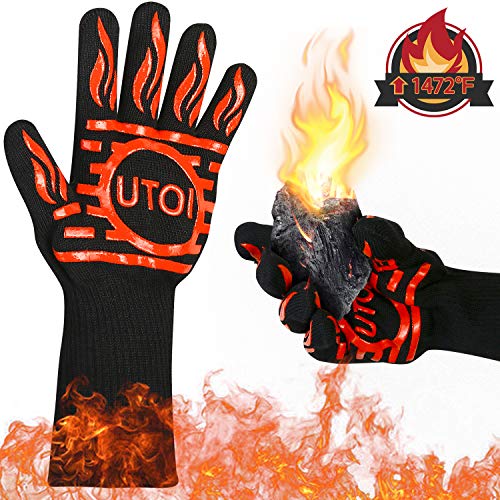 UTOI BBQ Grill Gloves, 1472°F Heat Resistant Barbecue Gloves Oven Mitts for Kitchen Garden BBQ Grilling and Outdoor Cooking Campfire, EN407 Certified, 1 Pair 13 inch Long Extra Forearm Protection