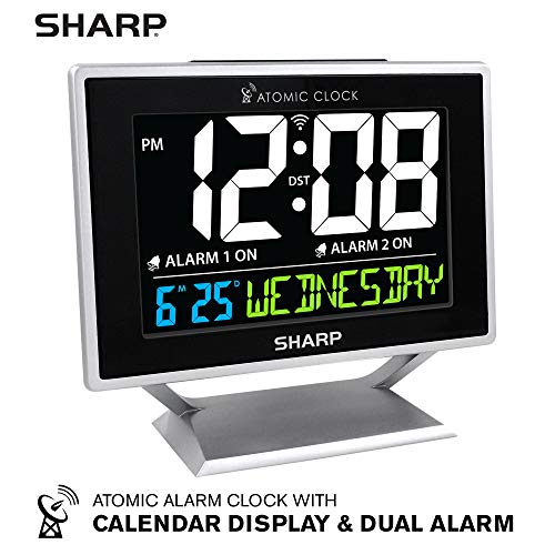 Sharp Atomic Desktop Clock with Color Display - Atomic Accuracy - Easy to Read Screen with Calendar & Day of Week Time/Date Display - Auto Set Digital Dual Alarm Clock - Perfect for Nightstand or Desk