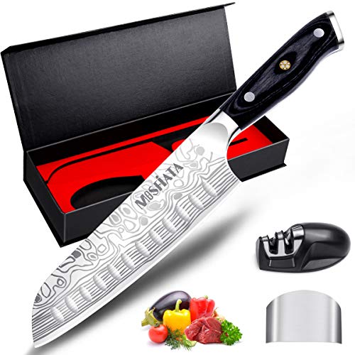 MOSFiATA 7' Super Sharp Professional Santoku Knife with Finger Guard and Knife Sharpener, German High Carbon Stainless Steel EN.4116 Kitchen Cooking Knife with Micarta Handle and Gift Box