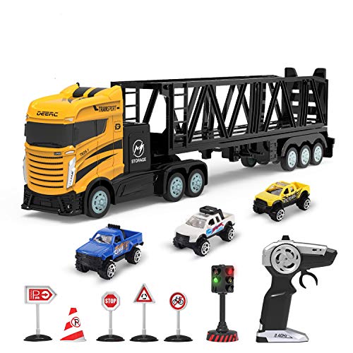 DEERC Remote Control Transport Car Carrier Truck Toys 15KM/H 2.4Ghz, Mini Cars Play Vehicles Set, 3 in 1 Die-cast Construction Truck for Kids, with 1 Traffic Light 5 Road Signs Gift for Boys Toddlers
