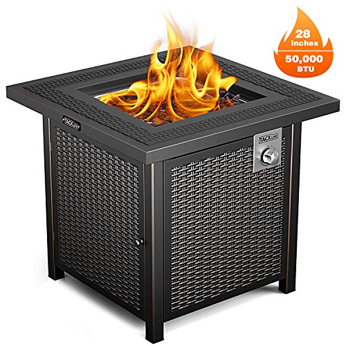 Propane Fire Pit Table, TACKLIFE Outdoor Companion, 28 Inch 50,000 BTU Auto-Ignition Gas Fire Pit Table with Cover, CSA Certification and Strong Striped Steel Surface, Table in Summer, Stove in Winter