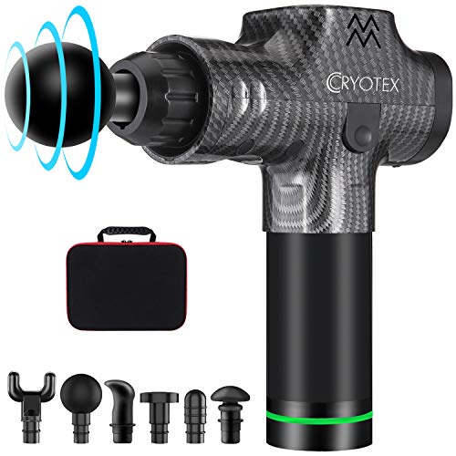 Cryotex Massage Gun – Deep Tissue Handheld Percussion Massager – Six Different Heads for Different Muscle Groups - 20 Speed Options(Black)