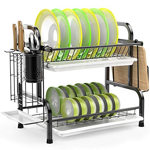 iSPECLE Dish Drying Rack, 304 Stainless Steel 2-Tier Dish Rack with Utensil Holder, Cutting Board Holder and Dish Drainer for Kitchen Counter