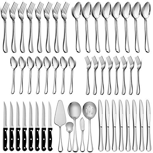 LIANYU 53-Piece Silverware Set with Steak Knives and Serving Utensils, Stainless Steel Flatware Cutlery Set Service for 8, Eating Utensil Set for Home Party Wedding, Dishwasher Safe, Mirror Finished