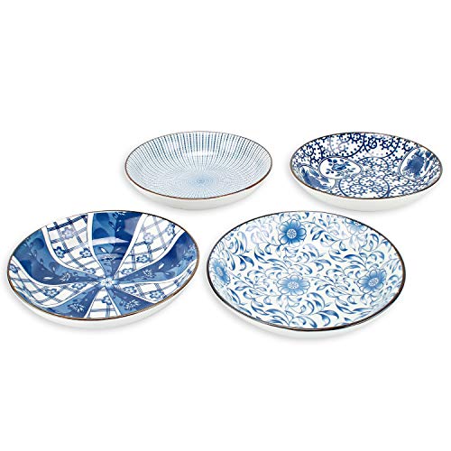 YALONG 7 inch Ceramic Assorted Motifs Floral Blue Plate Set, Shallow Porcelain Plates Set Bowls Set of 4, Serving Dinner Bread Butter Dinner Appetizer Pasta Salad Floral Dessert Snack