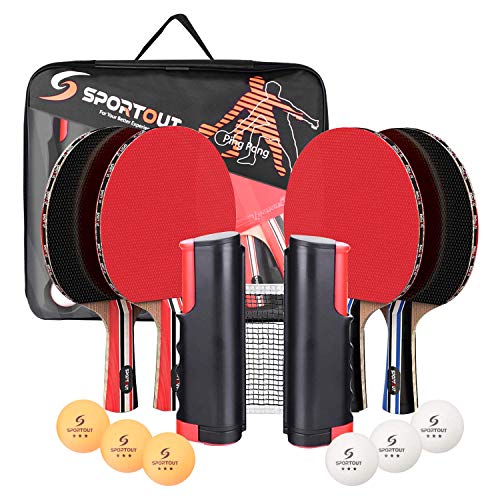 Sportout 4 Player Ping Pong Paddle Set, Table Tennis Paddle Set with Retractable Net, Balls and Portable Case, Perfect for Home Indoor or Outdoor Play, Thanksgiving Day for Kids