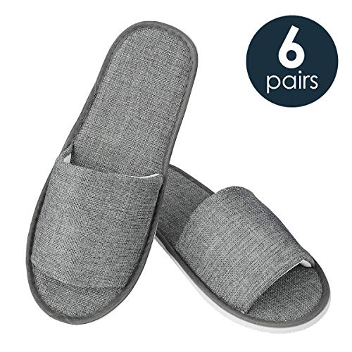 6 Pairs Gray Disposable Slippers, Linen Open Toe Spa Slippers for Women and Men, Breathable Non-Slip Slippers for Hotel, Guests, Travel