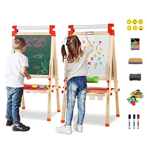 Joyooss Kids Wooden Easel with Extra Letters and Numbers Magnets, Adjustable Double Sided Drawing Board Whiteboard & Chalkboard Dry Easel Board, Children Art Easel for Boys Girls Painting Drawing